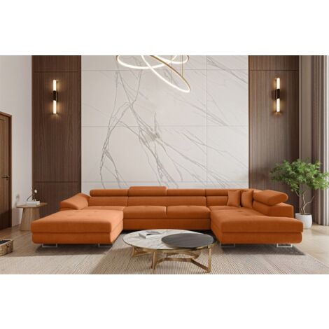 Wohnlandschaft Schlafsofa Sofa CARMELO in Stoff Nova Orange Ottomane Links