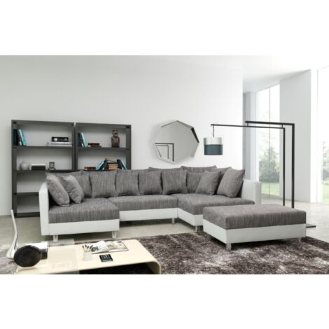 Wohnlandschaft Sofa Couch Ecksofa Eckcouch + Hocker weiß / hellgrau Minsk XXL