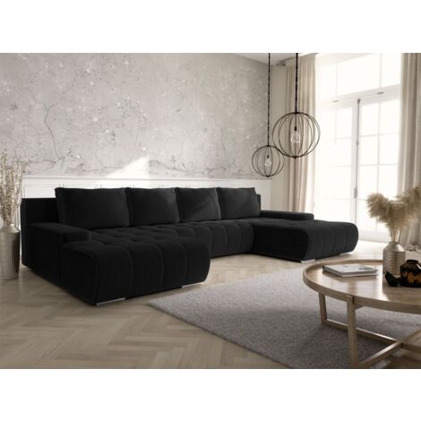 Wohnlandschaft Sofa mit Schlaffunktion VOGAR Stoff Poso Schwarz