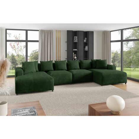 Wohnlandschaft Sofa U-Form Designersofa MEGAN in Stoff Poso Dunkelgrün