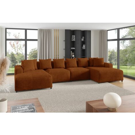Wohnlandschaft Sofa U-Form Designersofa MEGAN in Stoff Poso Rostbraun
