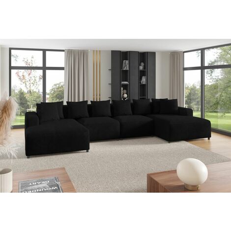 Wohnlandschaft Sofa U-Form Designersofa MEGAN in Stoff Poso Schwarz