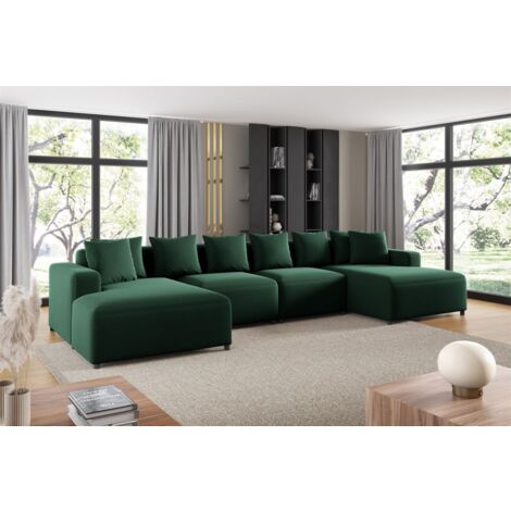 Wohnlandschaft Sofa U-Form Designersofa MEGAN in Stoff Salvador Dunkelgrün