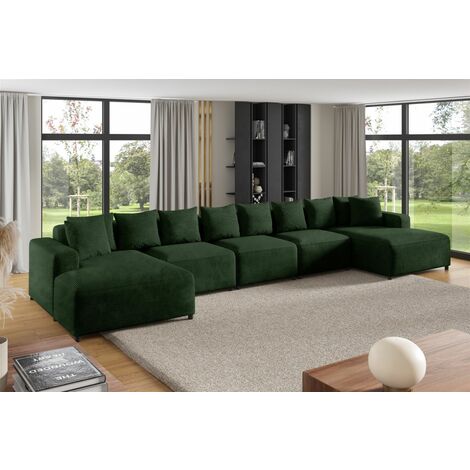 Wohnlandschaft Sofa U-Form Designersofa MEGAN XL in Stoff Poso Dunkelgrün