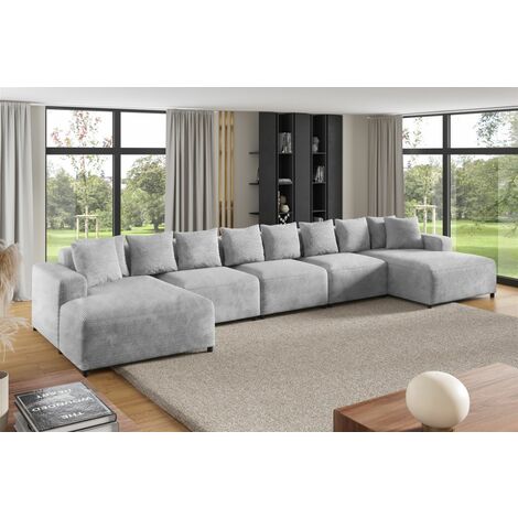 Wohnlandschaft Sofa U-Form Designersofa MEGAN XL in Stoff Poso Hellgrau