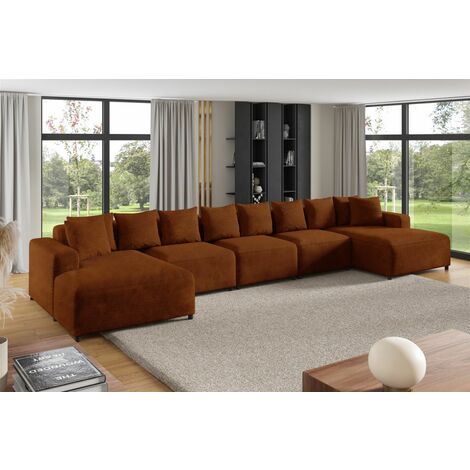 Wohnlandschaft Sofa U-Form Designersofa MEGAN XL in Stoff Poso Rostbraun