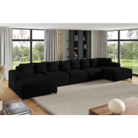Wohnlandschaft Sofa U-Form Designersofa MEGAN XL in Stoff Poso Schwarz