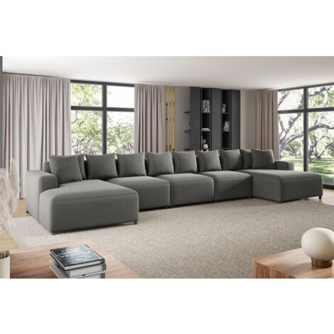 Wohnlandschaft Sofa U-Form Designersofa MEGAN XL in Stoff Salvador Grau