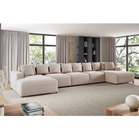 Wohnlandschaft Sofa U-Form Designersofa MEGAN XL in Stoff Salvador Hellbeige
