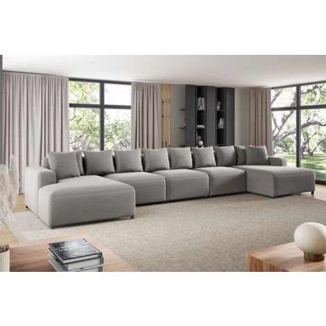 Wohnlandschaft Sofa U-Form Designersofa MEGAN XL in Stoff Salvador Hellgrau