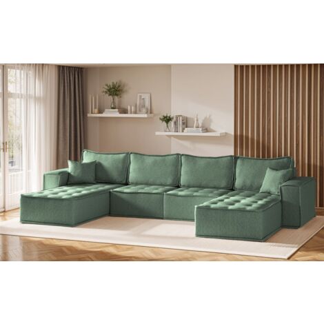 Wohnlandschaft Sofa U-Form Modulsofa-Set 4-teilig SANDE Stoff Raven Flaschengrün