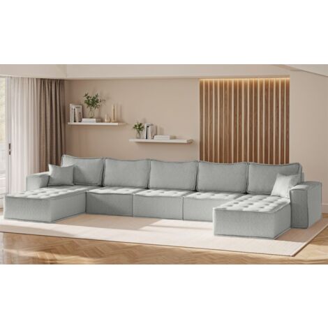 Wohnlandschaft Sofa U-Form Modulsofa-Set 5-teilig SANDE Stoff Alpine Hellgrau