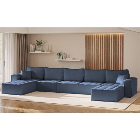Wohnlandschaft Sofa U-Form Modulsofa-Set 5-teilig SANDE Stoff Raven Blau