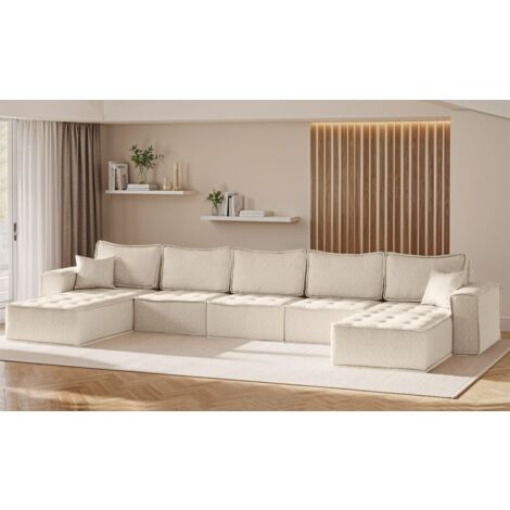 Wohnlandschaft Sofa U-Form Modulsofa-Set 5-teilig SANDE Stoff Raven Creme