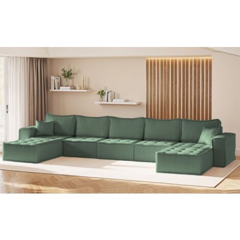 Wohnlandschaft Sofa U-Form Modulsofa-Set 5-teilig SANDE Stoff Raven Flaschengrün