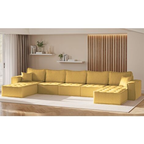 Wohnlandschaft Sofa U-Form Modulsofa-Set 5-teilig SANDE Stoff Raven Honiggelb