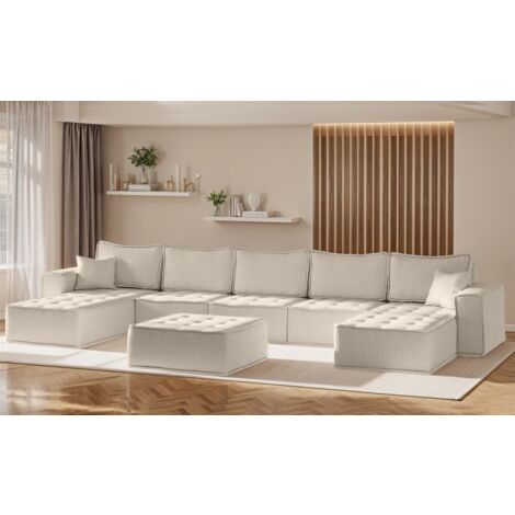 Wohnlandschaft Sofa U-Form Modulsofa-Set 6-teilig SANDE Stoff Alpine Beige