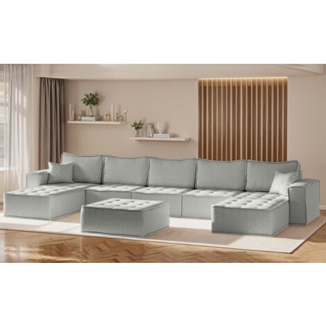 Wohnlandschaft Sofa U-Form Modulsofa-Set 6-teilig SANDE Stoff Alpine Hellgrau