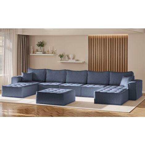 Wohnlandschaft Sofa U-Form Modulsofa-Set 6-teilig SANDE Stoff Raven Blau