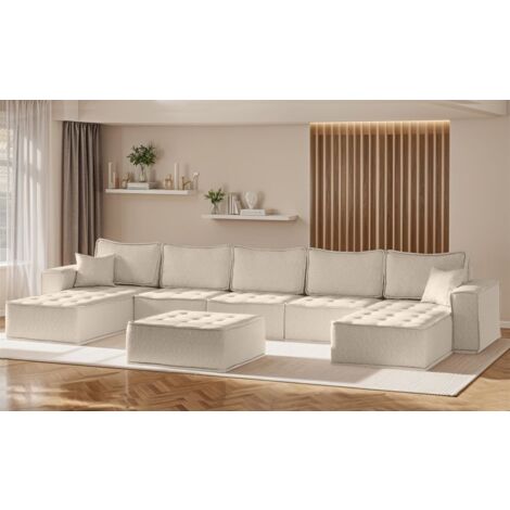 Wohnlandschaft Sofa U-Form Modulsofa-Set 6-teilig SANDE Stoff Raven Creme