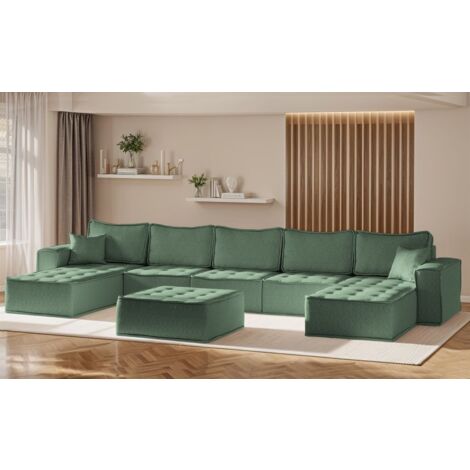 Wohnlandschaft Sofa U-Form Modulsofa-Set 6-teilig SANDE Stoff Raven Flaschengrün