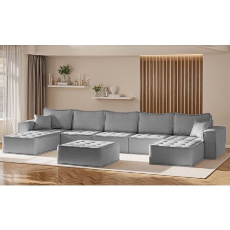 Wohnlandschaft Sofa U-Form Modulsofa-Set 6-teilig SANDE Stoff Raven Grau