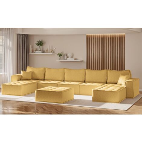 Wohnlandschaft Sofa U-Form Modulsofa-Set 6-teilig SANDE Stoff Raven Honiggelb