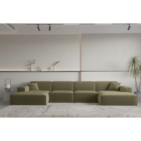 Wohnlandschaft U-Form CELES PREMIUM in Stoff Opera Velvet Olivgrün
