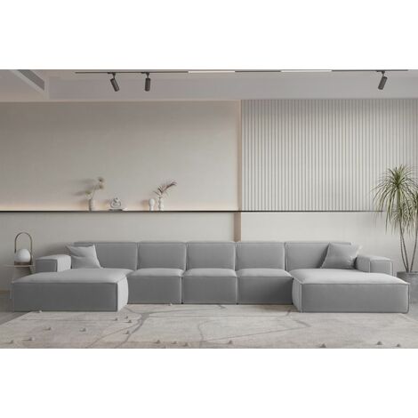 Wohnlandschaft U-Form CELES PREMIUM XL in Stoff Opera Velvet Hellgrau