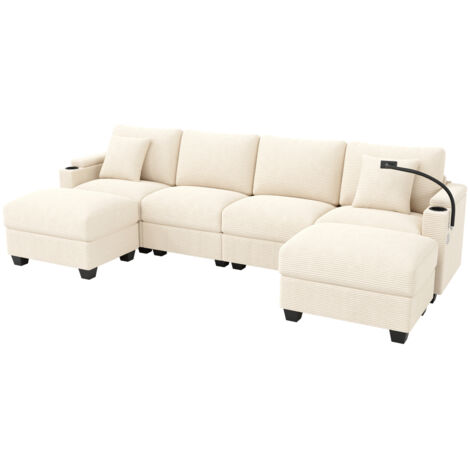 Wohnlandschaft U-Form mit Schlaffunktion, Modulares Cordsofa, Ecksofa mit Handyhalter und USB-Ladeanschluss, geeignet für Wohnzimmer, Schlafzimmer und Wohnung, Beige