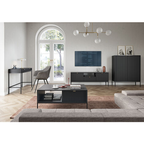 Wohnmöbel Set schwarz, Fußgestell schwarz, NEWCASTLE-160, 4-teilig inkl. Couchtisch