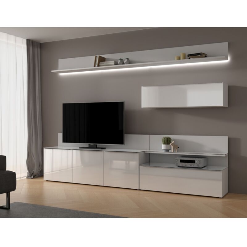 Forte Möbel - Wohnwand Anbauwand Wohnzimmer ca. 300 x 185 x 42 cm Weiß Echtglas Fronten / Auflagen-'SW16207'