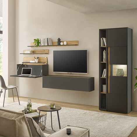 Wohnwand anthrazit mit Eiche CRISP-61 modern 6-teilig mit Homeoffice-Lösung