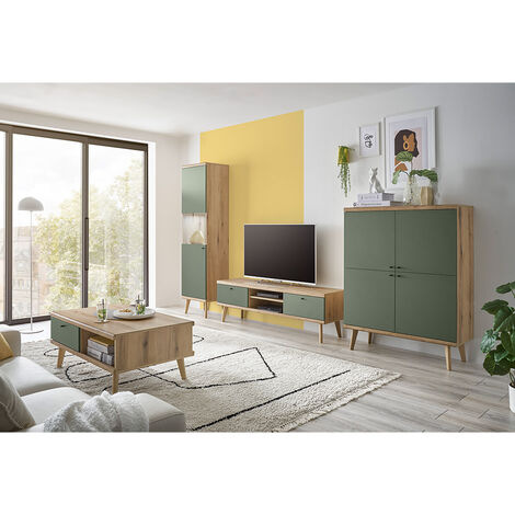 Wohnwand in Eiche mit grün AVEZZANO-61 Modern 4-teilig, inkl. Couchtisch und Beleuchtung