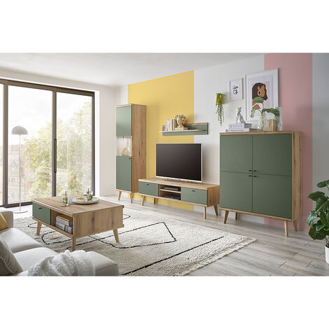 Wohnwand in Eiche mit grün AVEZZANO-61 Modern 5-teilig, inkl. Couchtisch und Beleuchtung
