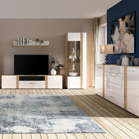 Wohnwand in Eiche Nb. AKRON-131 modern mit Fronten in Hochglanz weiß 4-teilig inkl. Sideboard