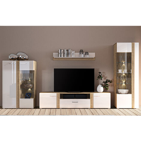 Wohnwand in Eiche Nb. AKRON-131 modern mit Fronten in Hochglanz weiß 4-teilig mit Vitrinenschrank