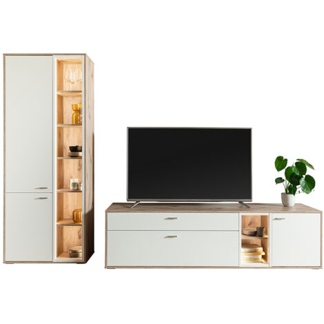 Wohnwand in Eiche und weiß modern mit LED-Beleuchtung, 2-teilig - SAGUNTO-05