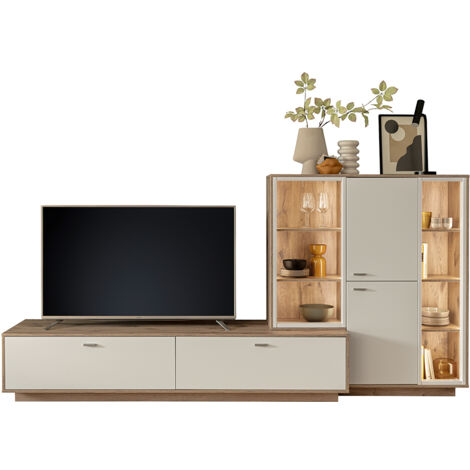 Wohnwand in Eiche und weiß modern mit LED-Beleuchtung, 2-teilig - SAGUNTO-05