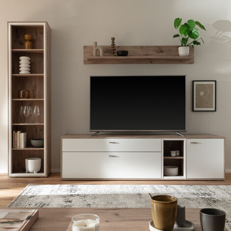 Wohnwand in Eiche und weiß modern mit Vitrine, Wandboard & Lowboard, 3-teilig - SAGUNTO-05