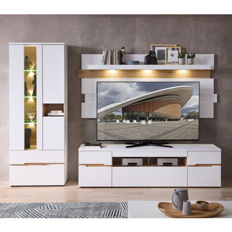 Wohnwand in weiß supermatt und Eiche mit Vitrine, Wandboard, Lowboard & LED-Beleuchtung, 3-teilig - MANRESA-36