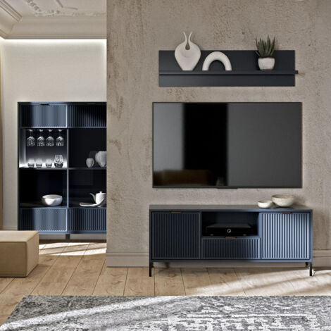 Wohnwand Indigo blau LAURO-161 modern mit Rillenoptik 3-teilig