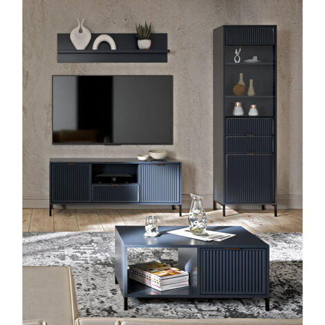 Wohnwand Indigo blau LAURO-161 modern mit Rillenoptik 4-teilig