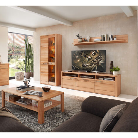 Wohnwand inkl. Beleuchtung und Couchtisch, Front Kernbuche massiv NEWTON-36