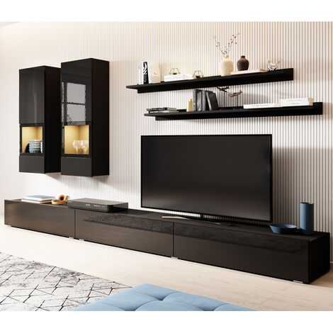 Wohnwand inkl. LED Beleuchtung ARVADA-83 in schwarz Hochglanz mit schwarz matt, B/H/T: ca. 270/200/41 cm