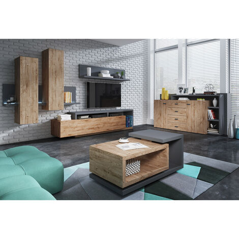 Wohnwand inkl. Sideboard Couchtisch und LED Beleuchtung BEXLEY-83 in Eiche Ribbeck Nb. mit Absetzungen in anthrazit, B/H/T: ca. 300/200/45 cm