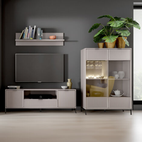 Wohnwand Kaschmir beige LAURO-161 modern mit Rillenoptik 3-teilig