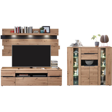 Wohnwand mit LED Beleuchtung MANRESA-36 in Artisan Eiche Nb. mit Graphit, B/H/T: ca. 357/190/47 cm