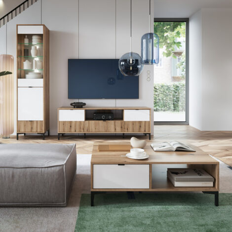 Wohnwand Set Eiche mit weiß und Rillen Design modern RISBY-129 3-teilig mit Couchtisch
