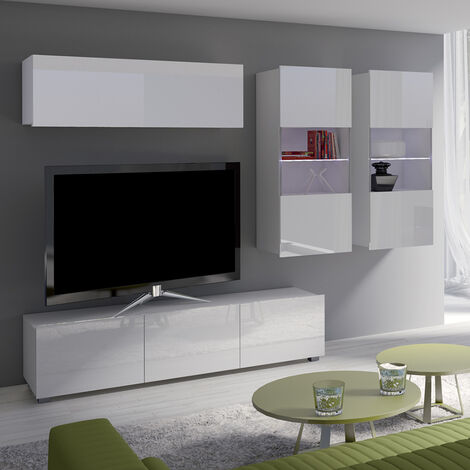 Wohnwand Set mit 2 beleuchteten Hängevitrinen in weiß Hochglanz CAIRNS-132, B/H/T ca. 230/200/43 cm